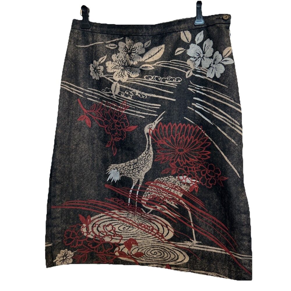 Michael Kors Sz 12 Japanese Crane Art-to-Wear Denim Jean Pencil Skirt Fabulous